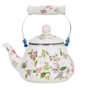 Floral Pattern Enamel Kettle, Large Capacity Ceramic Handle Tea Kettle with Lid & Handle, Tea Pot for Home Office Use, Drinkware Accessories, Teapot
