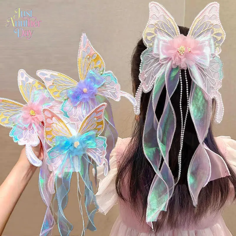 Kids Girls' Super Fairy Large Butterfly Hair Clip, Iridescent Tulle Wing Barrette, Princess Style Back-of-Head Hair Accessory for Children