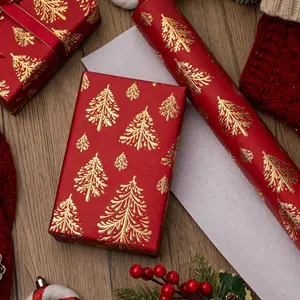 Kraft Christmas Wrapping Paper,Red and Gold 3D Embossed Foil Christmas Trees with Woodlands Wrap Paper for Holiday, Party,Celebration, New Year