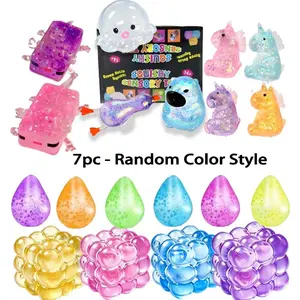 7-piece set - Blind Box Random Color Style Sensory Toy, Kawaii Sensory Stress Squeezing Toy, Soothing Anxiety, Creative Stress Relieving Toy, Dreamy Unicorn Water Drop/Cat Soft Shell Toy Ball, Transparent Shining Stress Jelly Squeezing Ball Sensory Toy