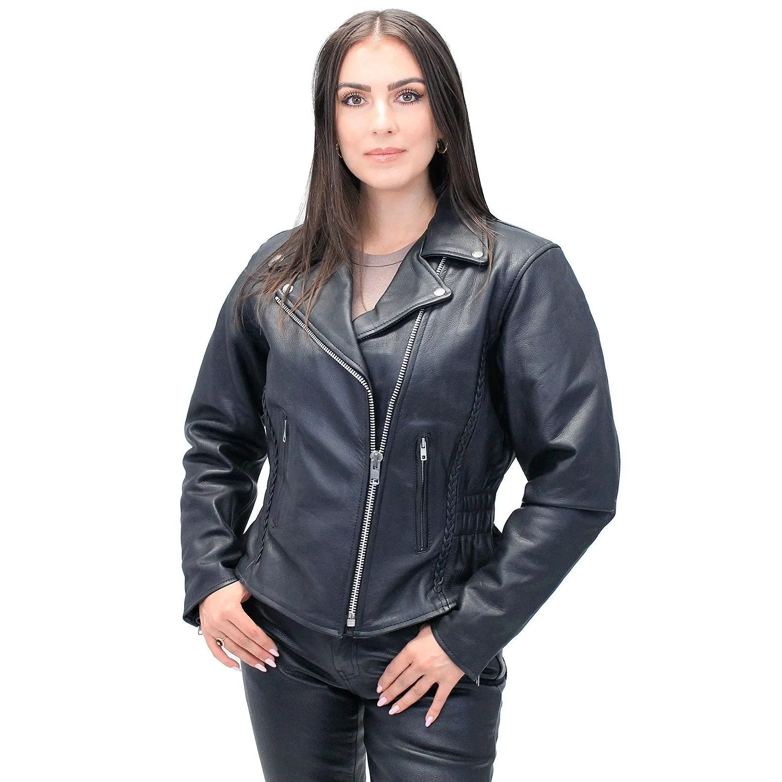 Road Angel - Ladies Black Leather Motorcycle Jacket #L265Z (XS-2X)