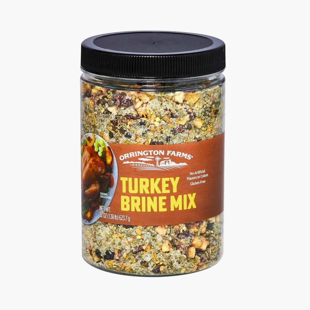 Orrington Farms Turkey Brine Mix, Savory Blend, Gluten Free, 22 oz Jar | Flake mix with savory herbs and spices; brines turkeys up to 25 lbs for juicy flavor; gluten free, no artificial flavors