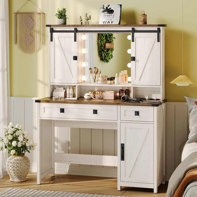 Sikaic Farmhouse Makeup Vanity with Lights and Barn Doors, Vanity Desk with Mirror and Charging Station, Vanity Table with Jewelry Hooks and Open Storage Shelves Summerwins