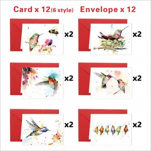 12pcs Watercolor Hummingbird Greeting Cards with Envelopes, Featuring 6 Unique Bird Designs, Blank Inside for Messages - Suitable as Wedding Wishes/Congratulations Card or Thank You Note and Holiday Celebrations & General Occasions,Perfect Gift for Anyone