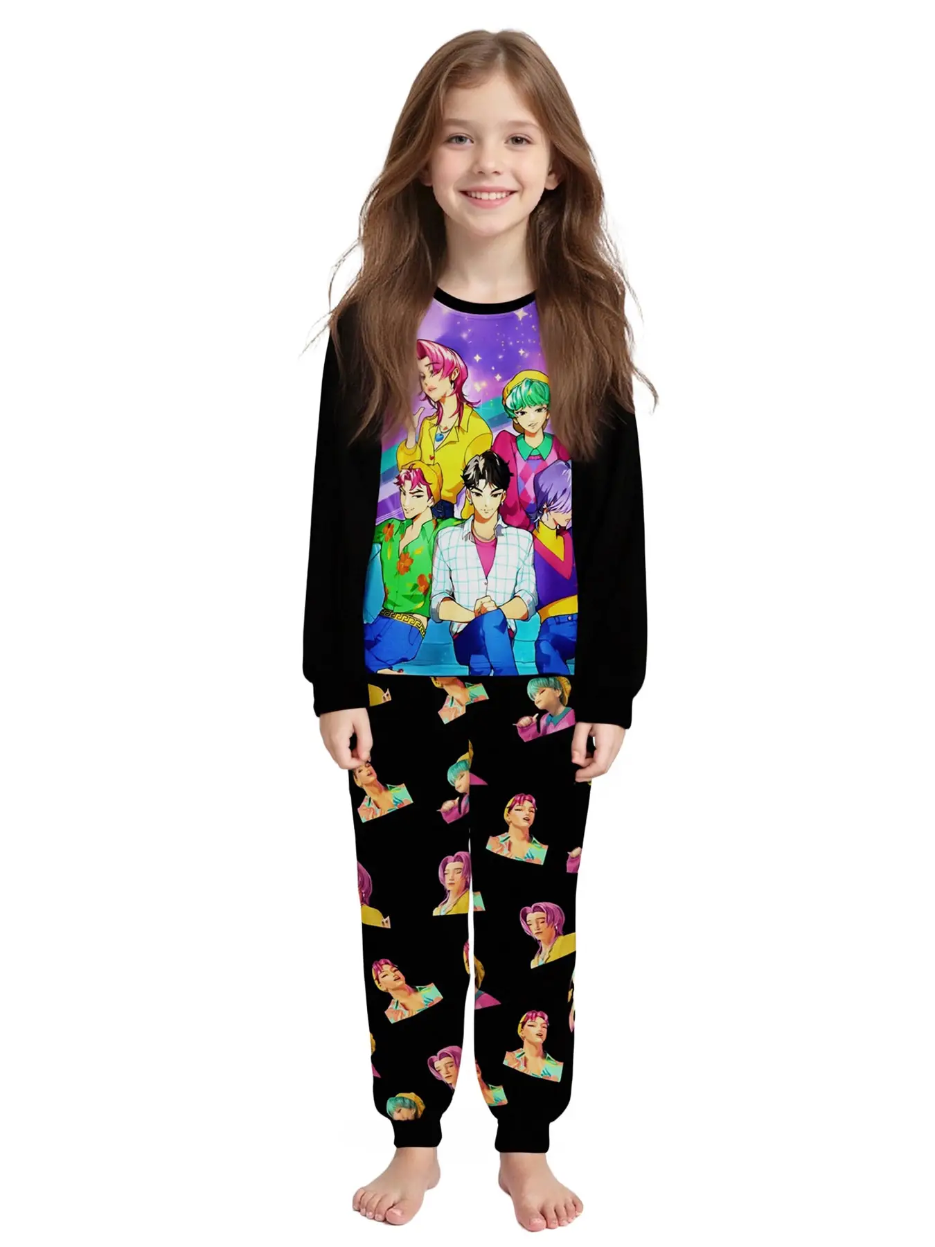 Teen Girls' K-Pop Demon Hunter Saja Boys Print Long Sleeve Pants Set, Casual Home Wear, Trendy Youth, All Seasons