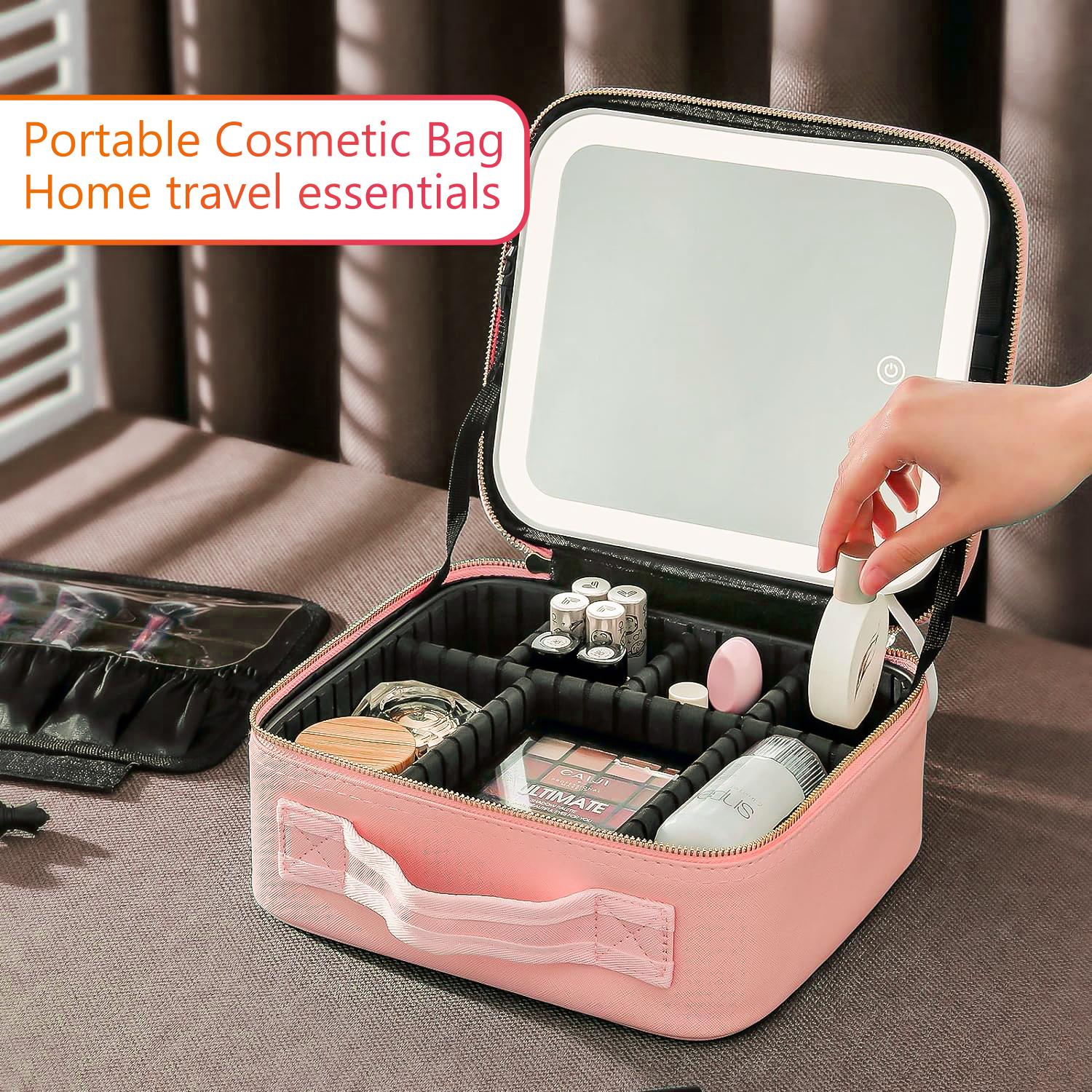 Makeup Bag with LED Mirror | Travel Cosmetic Organizer with Adjustable Dividers & Brush Storage