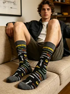Men's Mid-Calf Athletic Tool Print Socks, Comfortable Breathable Fabric, Non-Itchy, Perfect for Sports Shoes and Oxfords, Stylish Fashionable Daily Wear