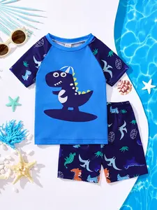 Dinosaur Print Swimwear Set, Boy's Blue Short Sleeve Swimsuit, Sun Protection Quick-Dry Split Swimwear, Summer Swimming Gear