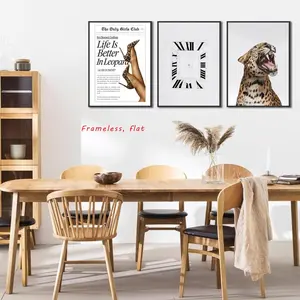 3-Piece Set, Fashionable Leopard-Print Canvas Wall Art Retro Newspaper Leopard Boots Painting Abstract Clock Print Perfect for Living Room, Apartment, Dorm, Home Decor High-Definition, Waterproof, Artistic, Frameless