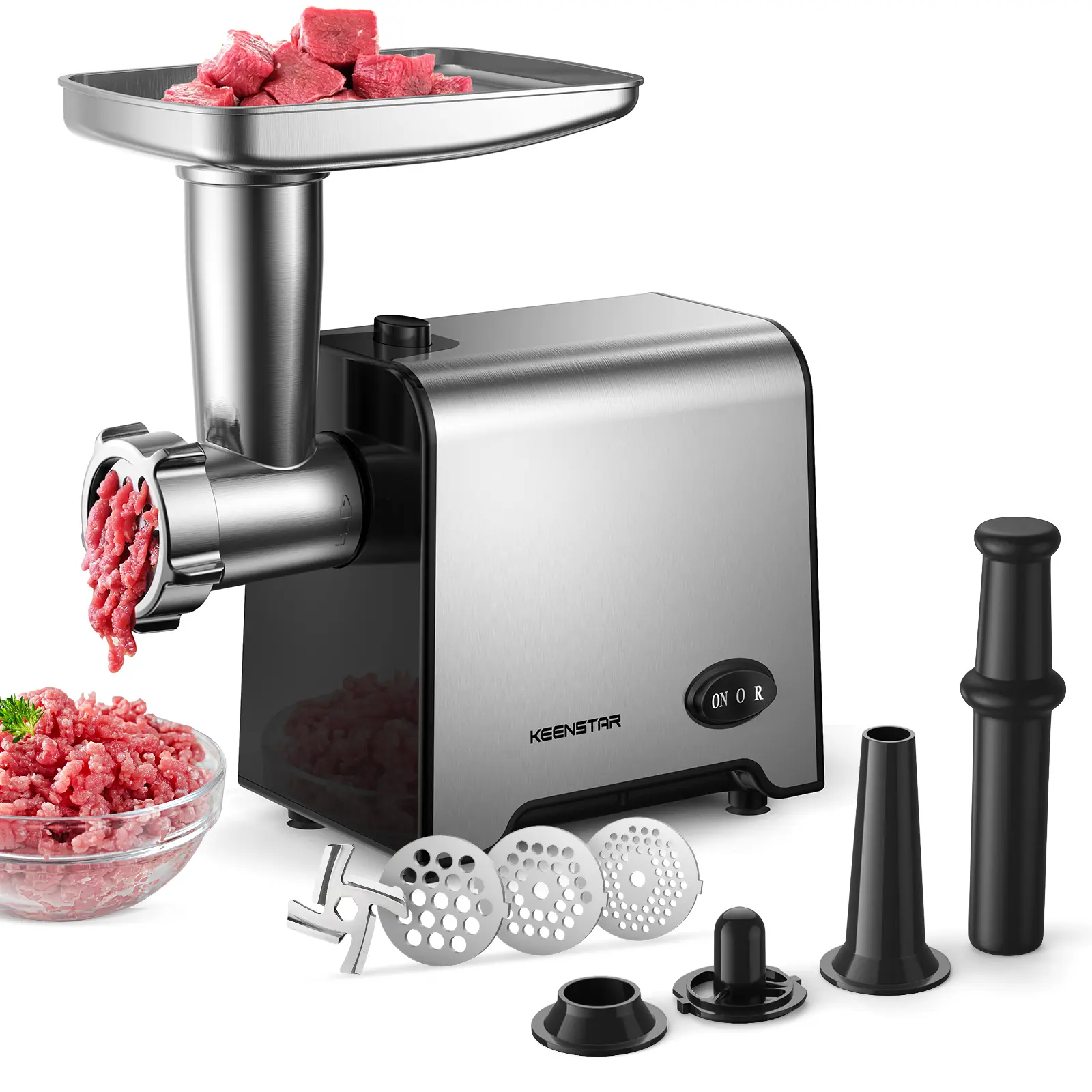 KEENSTAR Stainless Steel Compact Multi-In-1 Electric Meat Grinder/Stuffer, 450W(3000W Max) Kitchen Appliances for Home Users with Blade, 3 Plates, Tubes, Kubbe Kit for Ground Beef/Pork