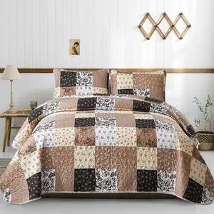 Brown Set Full Size, 3 Pieces Floral Bedspread Set Patchwork Reversible Bedding Set Microfiber Lightweight Bedspread Coverlet Set for All Season 78"x90"