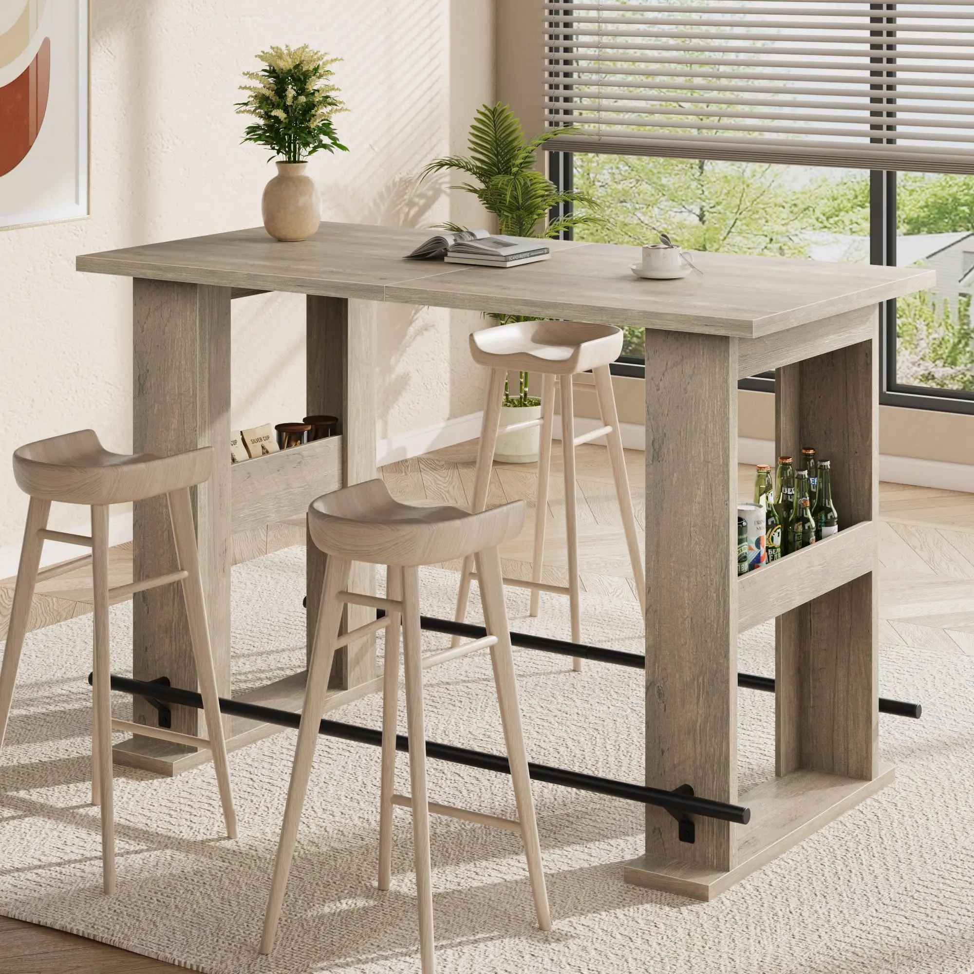 63-Inch Counter Height Bar Table, Farmhouse Wooden Pub Table with Storage Drawers, Home Coffee Bar Unit with Metal Footrest, Suitable for Kitchen, Dining Room, Bistro and Living Room