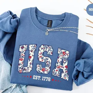 Floral USA Sweatshirt, American Girl Sweatshirt, USA Est 1776 Sweatshirt, Girly 4th of July Sweatshirt, Patriotic Women Shirt, Flower USA Sweatshirt