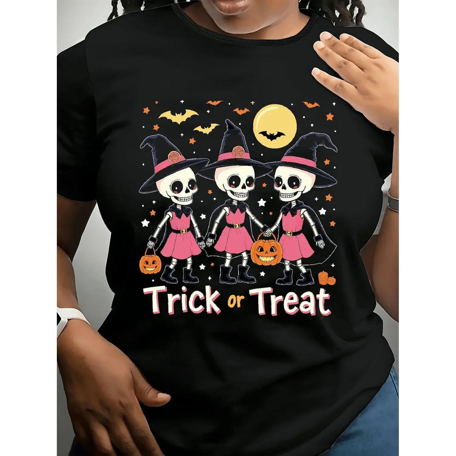 Plus Size Graphic Tee Trick or Treat Halloween Design with Skulls Witches Pumpkins Short Sleeve Crewneck Casual Loose Fit Fall Winter Top Playful Print Knit Construction Plus Size T Shirt