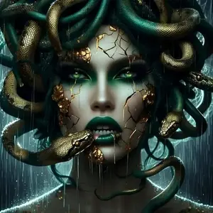 Gothic Medusa with Gold Cracked Skin & Snakes 5D Full Drill Diamond Painting Kit Greek Mythology Dark Fantasy Art DIY Cross Stitch Mosaic Craft Edgy Home Wall Decor Handmade Gift for Myth & Goth Lovers