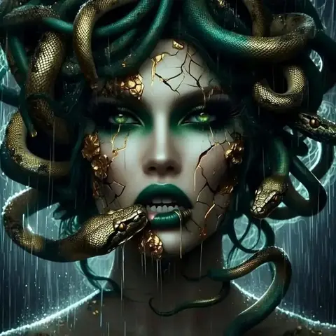 Gothic Medusa with Gold Cracked Skin & Snakes 5D Full Drill Diamond Painting Kit, DIY Diamond Arts, Greek Mythology Dark Fantasy Art DIY Cross Stitch Mosaic Craft, Edgy Home Wall Decor Handmade Gift for Myth & Goth Lovers