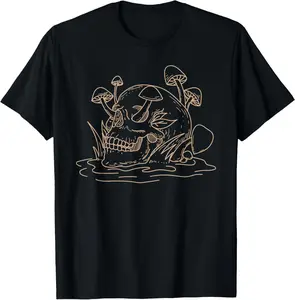 Skull Mushroom Shirt Mycology Goth Morel Mushroom Lovers Summer Casual Shortsleeve Cotton T-Shirt