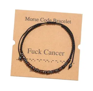 Wood and Black stone Morse Code bracelet "F. cancer" adjustable size for woman and man