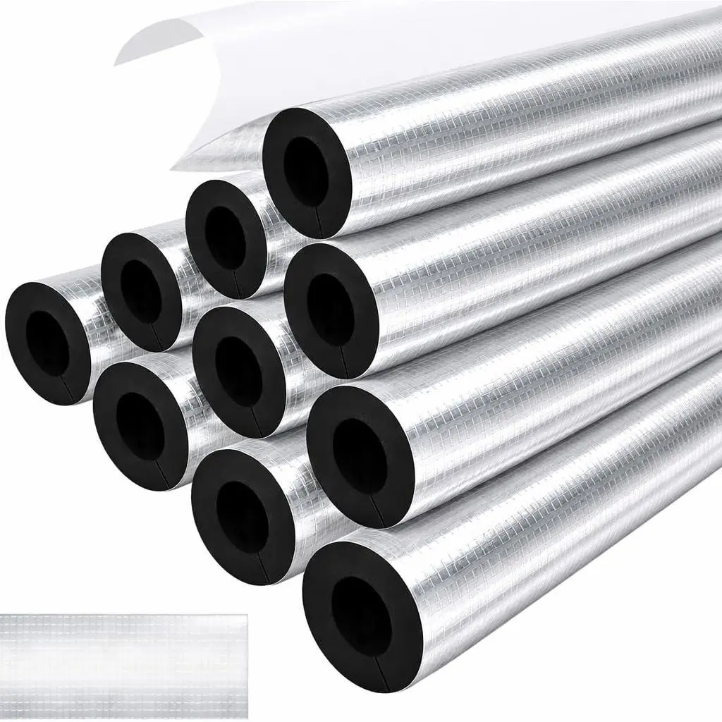 10 Pack Flexible Neoprene Self-Adhesive Pipe Insulation Sleeves, Pre-Slit Foam Tubes with Integrated Aluminum Foil Cover, Long-Lasting Hold for Outdoor Spigots, Water Heater Pipes, Winter Use, Scratch-Proof, Non-Corrosive (Silver, 1.3 Ft x 1/2 In)
