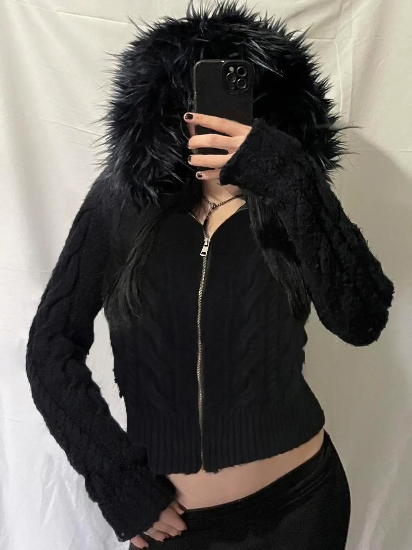 Women's Y2K Dark Gothic Sweater Coat, Fleece Lined Zipper Long Sleeve Knitwear, Vintage Retro Style Fall Winter Fashion Outerwear