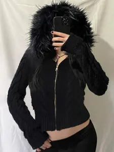 Women's Y2K Dark Gothic Sweater Coat, Fleece Lined Zipper Long Sleeve Knitwear, Vintage Retro Style Fall Winter Fashion Outerwear