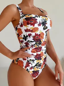 Women's Vintage Floral One-Piece Swimsuit with Adjustable Wide Straps, Front Pleated Slimming Side Patchwork, Ruched Swim Suits, Elegant All Seasons Swimwear