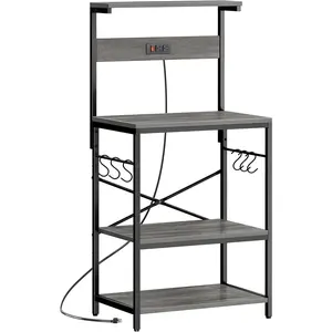 Kitchen Bakers Rack with Power Outlet, Coffee Bar Table 4 Tiers, Kitchen Microwave Stand with 6 S-Shaped Hooks, Storage Shelf Rack for Spices, Pots and Pans - Charcoal Gray