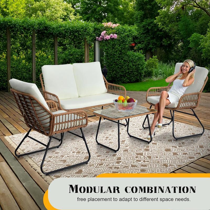 EortheX 4 Pieces Patio Outdoor Cushion Furniture Set,Patio Conversation Set,Rattan Wicker Bistro Sets with Loveseat Cushion Chairs and Modern Glass Coffee Table for Backyard Deck Balcony and Garden Lounge Spaces - Beige