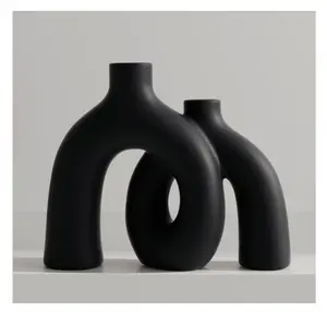 Matte Black Vase Set - Hug Hollow Donut Aesthetic Ceramic Vases Home Decor, Modern Nordic Minimalist Decorative Vase for Table Centerpiece Bookshelf Office Entryway Console Fireplace (Black)