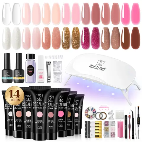 ROSALIND 14Colors Poly Nail Gel Kit with Mini 8LED UV Nail Lamp Drying Nail Art Accessories kit,Clear Pink Glitter Gel Manicure Builder Nail Strengthener Gel for Starter Cutics Extension Nail Gel Drying, Nail Care, Gel Nail Set, Polygel Nails