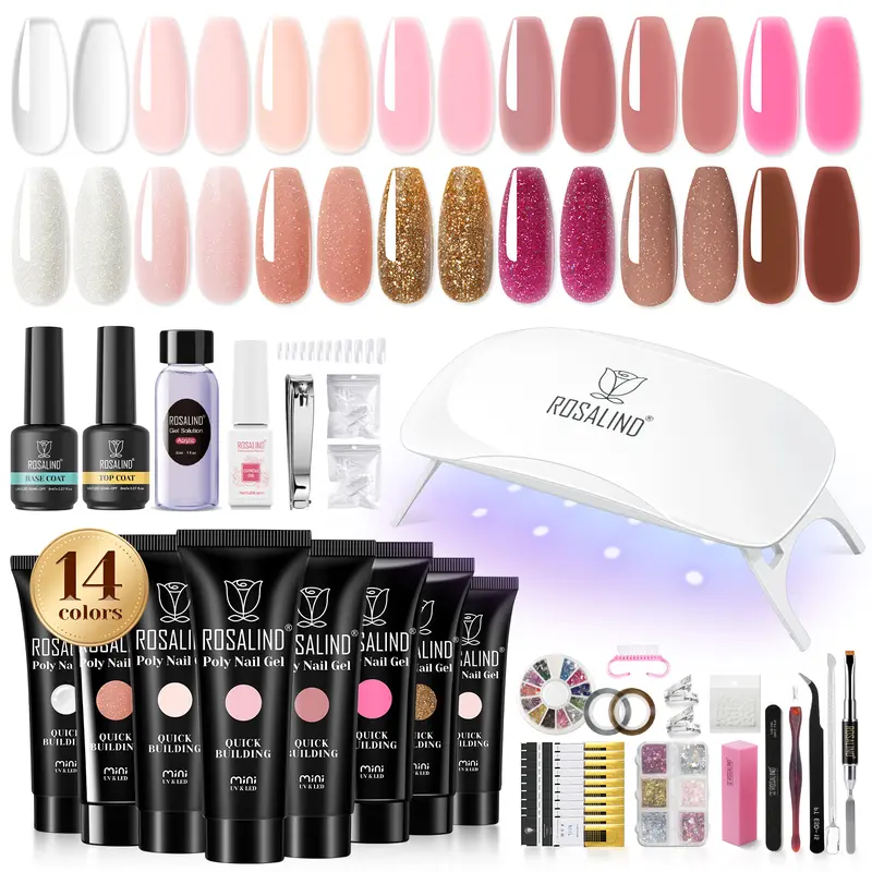 ROSALIND 14Colors Poly Nail Gel Kit with Mini 8LED UV Nail Lamp Drying Nail Art Accessories kit,Clear Pink Glitter Gel Manicure Builder Nail Strengthener Gel for Starter Cutics Extension Nail Gel Drying, Nail Care, Gel Nail Set, Polygel Nails
