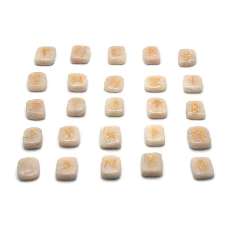 Auras by Osiris - Rune Gemstones Set with Engraved Elder Futhark Alphabet Divination, Crystal Healing Chakra (04: Moonstone Rune Sets)