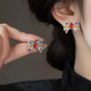 Cute Bow Stud Earrings for Women, Blue Zircon Crystal Dainty Minimalist Earrings, Trendy Elegant Jewelry for Daily Wear, Luxury Aesthetic Earrings Gift for Girlfriend, Birthday & Special Occasions outdoorfun