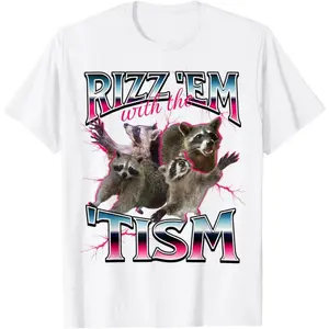 🦝🎉[100% Cotton][Graphic Tee]"Autism Funny Rizz Em With The Tism Meme T-Shirt – Hilarious Autistic Raccoon Graphic Tee, Funny Humor Shirt for Men & Women, Perfect for Meme Lovers, Autism Awareness Shirt, Casual Streetwear, Unique Gift for Rizz Lovers"