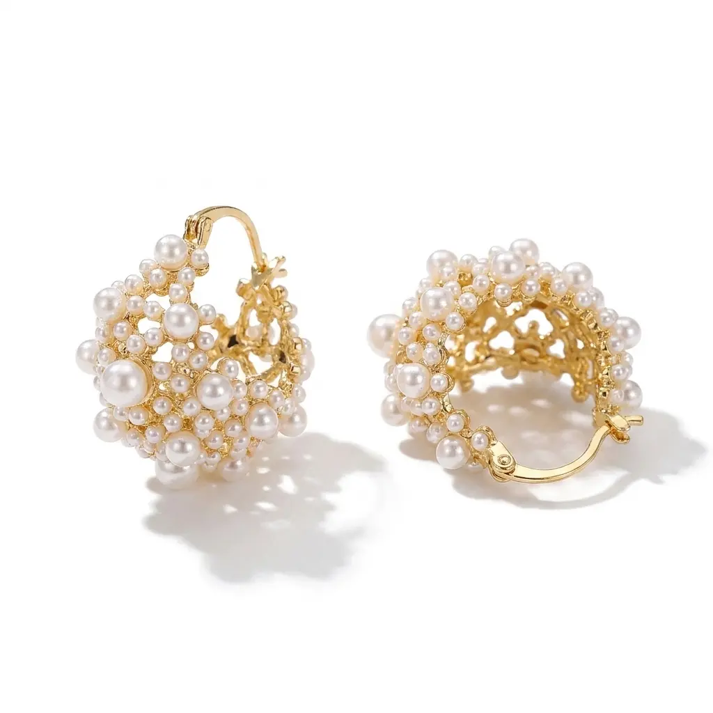 Women's 14K Gold-Plated Alloy Chunky Simulated Pearl Circular Huggie Hoops - Vintage Thick Cluster Hook Earrings, Secure Snap Closure, Female Adult Wedding Statement Costume Jewelry Accessory, Gold Earing