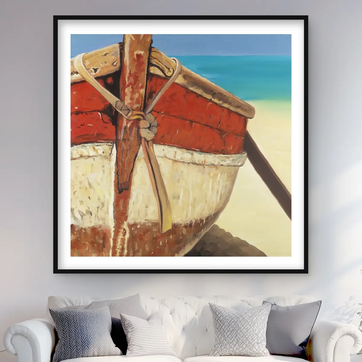 Begin Home Decor C1FM48484EVG4I 48 x 48 in. Tied Up Rowing Boat Print Wall Art - Coastal Blue Framed Matted Art