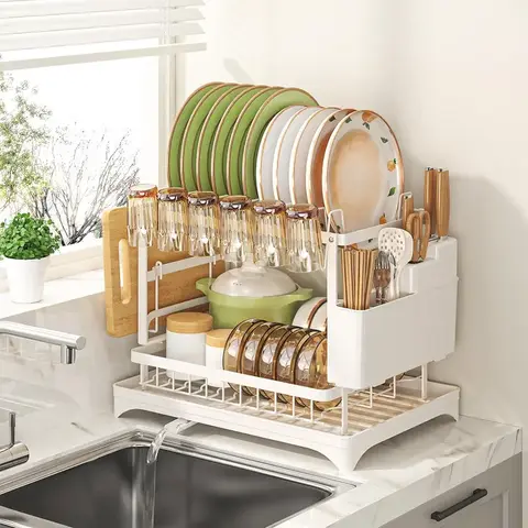 2-Tier Countertop Dish Drying Wire Rack with Cutlery, Cup & Cutting Board Holders, Drainboard Tray - Home Goods, Double Decker Cleaning and Drying Draining Boards, Decorative Kitchen Storage Organizer