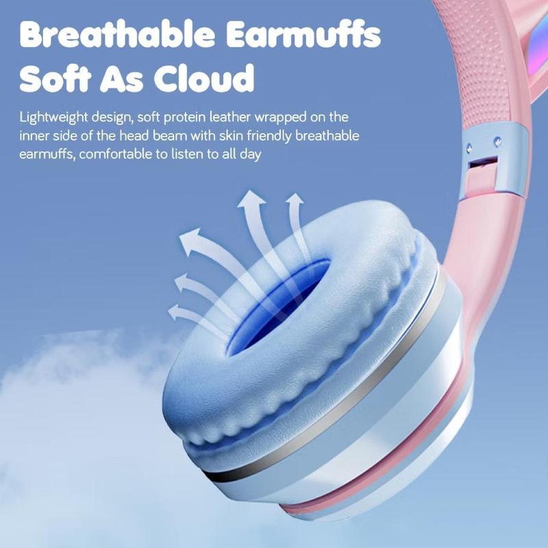 Wireless Bluetooth Cat Ear Headphones with Mic LED Light Foldable Over Ear Headset for Mobile Phone Laptop and Computer Cute Gift for Kids Teens and Adults