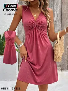 Summer Women's Sleeveless Beachy Style Dress, Casual Wear, Lightweight Stretchy Soft Fabric, Cross-Tie Design, Twist, Comfortable and Stylish, Perfect for Warm Weather