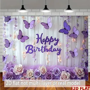 Summervibes 1pc Polyester 2D Flat Purple Butterflies and Roses Happy Birthday Banner, Festive Backdrop, Ideal for Party Planners, Multi-Season Home Supplies