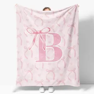 Soft Funny Throw Blanket Pink Bow Throw Blanket,Personalized Initial A-Z Soft Fluffy Cozy Flannel Blanket,Monogrammed Gifts for Daughter Women Teen Girls,Customized Blanket for Bedding Bedroom Office,50x60 Inches Girl Gift Cute Pink