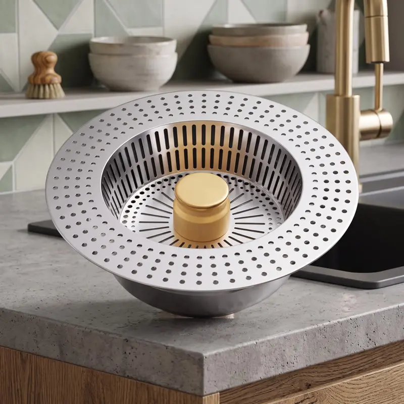 Pop-up spring core brass drain plug for sink, multi-functional 3-in-1 kitchen sink filter, anti-clog design stainless steel basket sink stopper garbage prevention filter