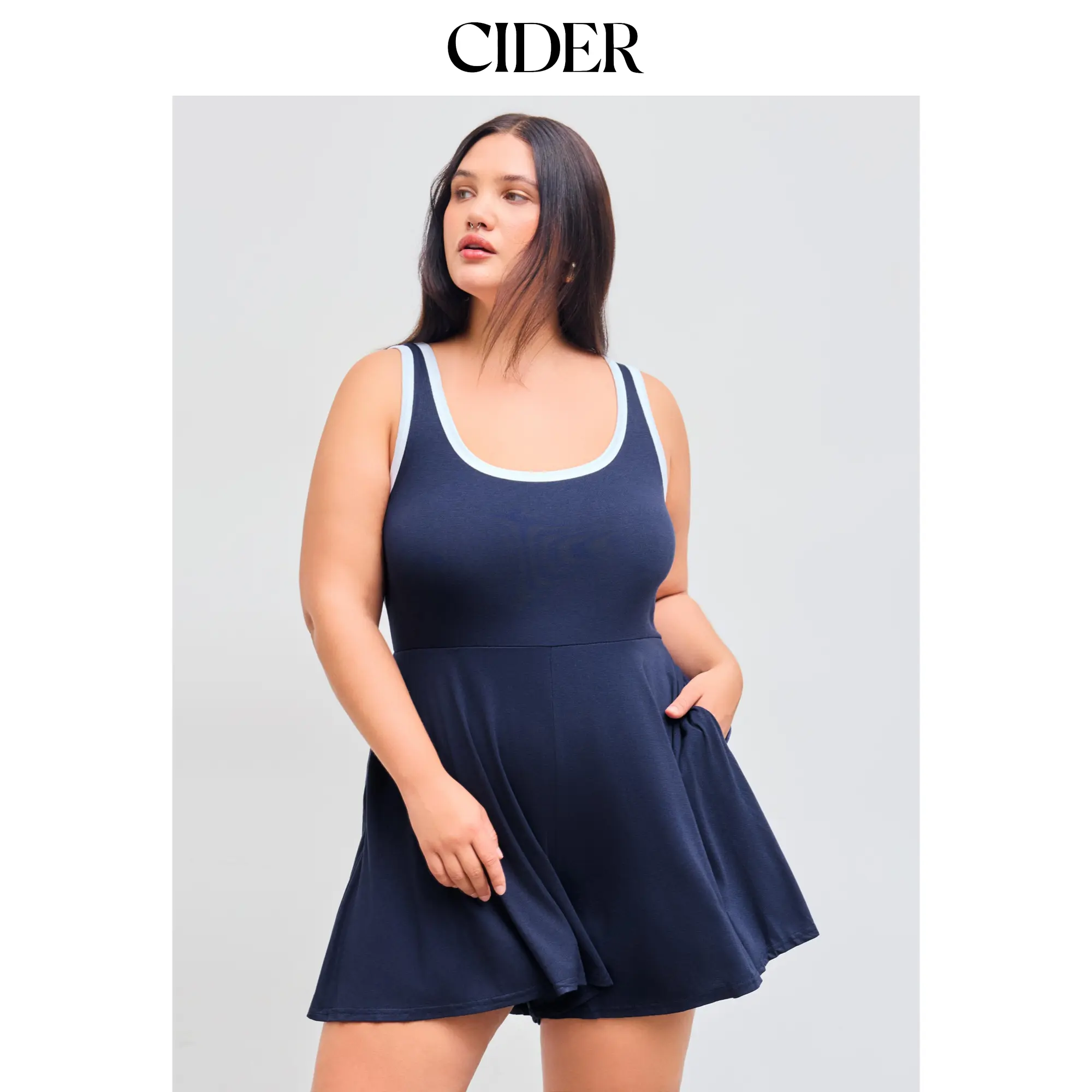 Cider Women's Casual Solid U-Neckline Contrasting Binding Pocket Overalls Jumpsuit, 2 Colors, Size 0-26, Curve & Plus Sizes, Contrast Binding, Pull On, Overalls Shorts, 2Xl - 20