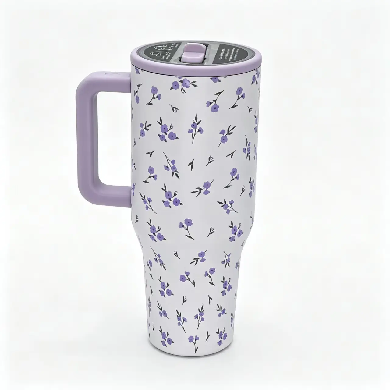Limited Edition HydroJug 40oz (1,000-2,000 ml) Compact Insulated Stainless Steel Tumbler, Purple Ditsy Floral Print, Ergonomic Handle, Straw Lid, Leak-Proof, BPA-Free, Heat-Resistant Vacuum Mug, Casual Use for Travelers, Daily Outdoor Activities