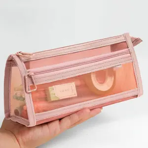1pcs Morandi plaid mesh pencil case with handle and zipper, double layer transparent design for stationery storage, perfect for office and college use Stationery Office Supplies Pencil Bag