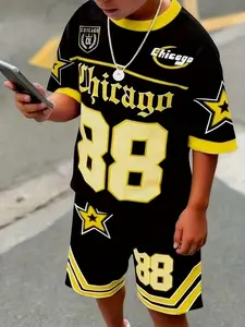 Summer Boys' Set, Fashion Chicago 88 Printed Short Sleeve Round Neck Pullover & Shorts, Casual Daily Wear, Lightweight Comfort Design