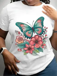 Women'S Floral Butterfly Print T-Shirt| Breathable And Opaque, Available In Pink, Teal, And Green, Suitable For Casual And Formal Wear, Machine Washable, Summer Essential, Comfortable Fit, Designed For Women, Crew Neck, Short Sleeve