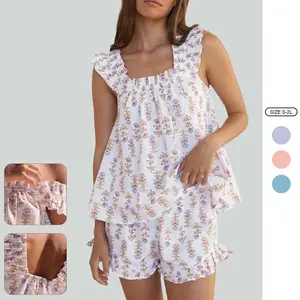 Imily Bela Womens Floral Print Pajama Sets Ruffle Trim Cami and Casual Shorts 2 Piece Lounge Set PJ Fashionable Comfortable