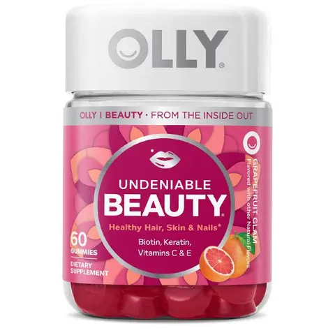 OLLY Undeniable Beauty Dye-Free Natural Dietary Beauty Gummies - Biotin Blend, Vitamin C, Keratin, Hair Skin Nails Support, Grapefruit Flavor, 30-Day Daily Supplement, 60 Pieces