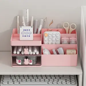 Cartoon Rabbit Desktop Storage Box, Abs Plastic Multi-Layer Organizer, Transparent Drawer for Stationery and Cosmetics